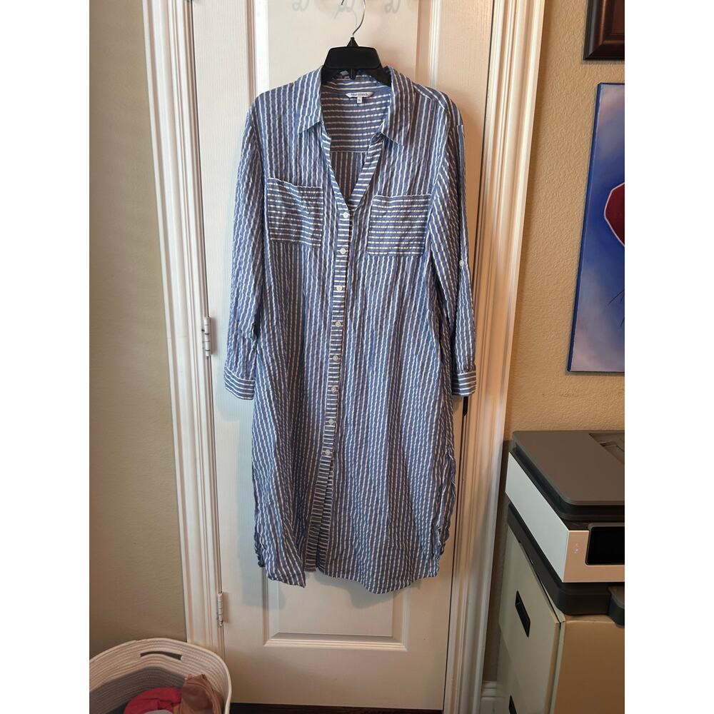 blue island Blue and White Striped Botton Down Shirt Dress